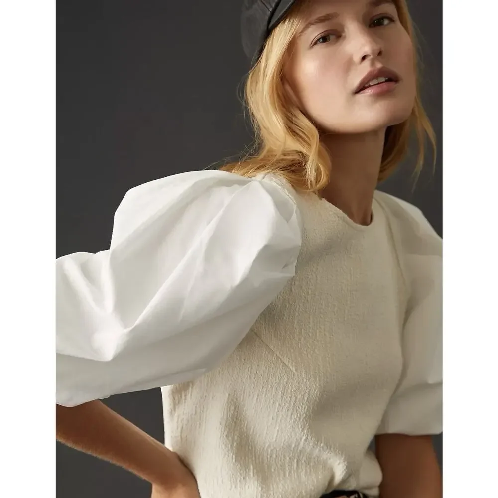 Anthropologie Puff Sleeve Top Size Small NWT Cream White Textured Classic